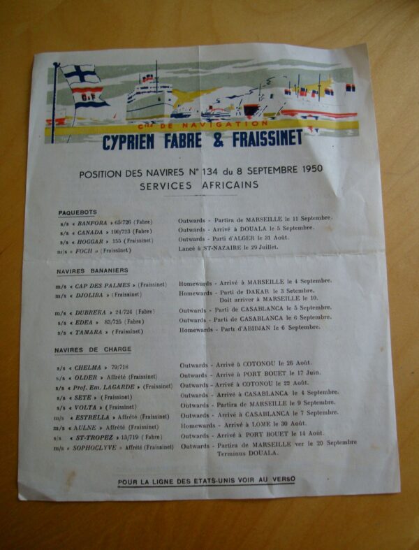 Compagnie de navigation Cyprien Fabre Fraissinet Position des navires n°134 1950