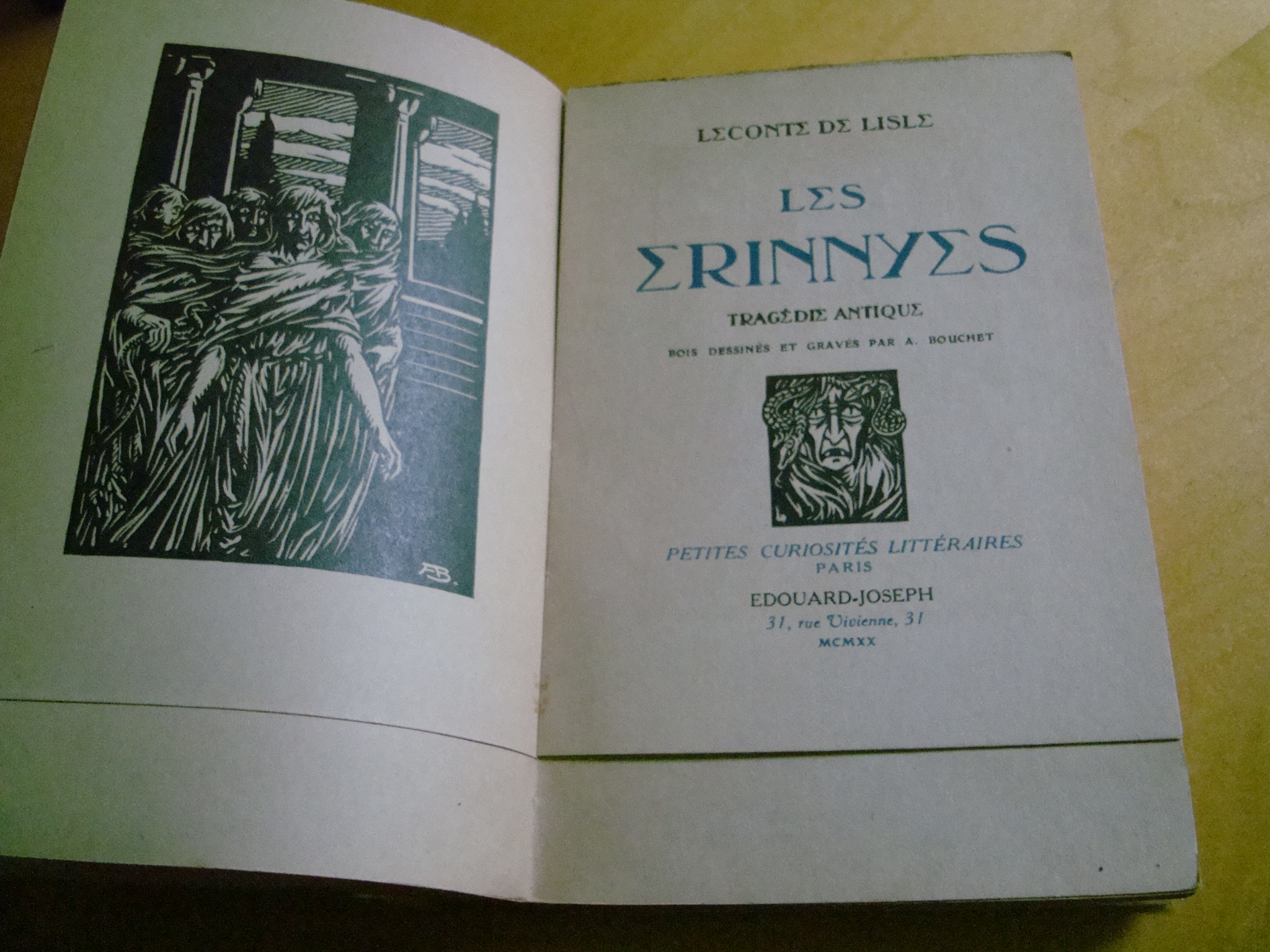 Leconte de Lisle Les Erinnyes Tragédie antique Bois A. Bouchet 1920 tirage numéroté sur Japon